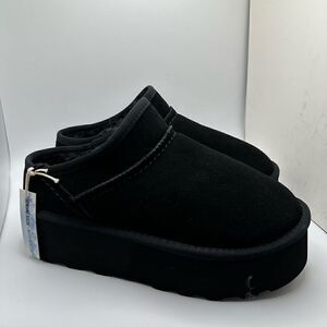 CUSHIONAIRE Women's Genuine Suede Cozy Mule Platform +Memory Foam 8.5 BLACK
